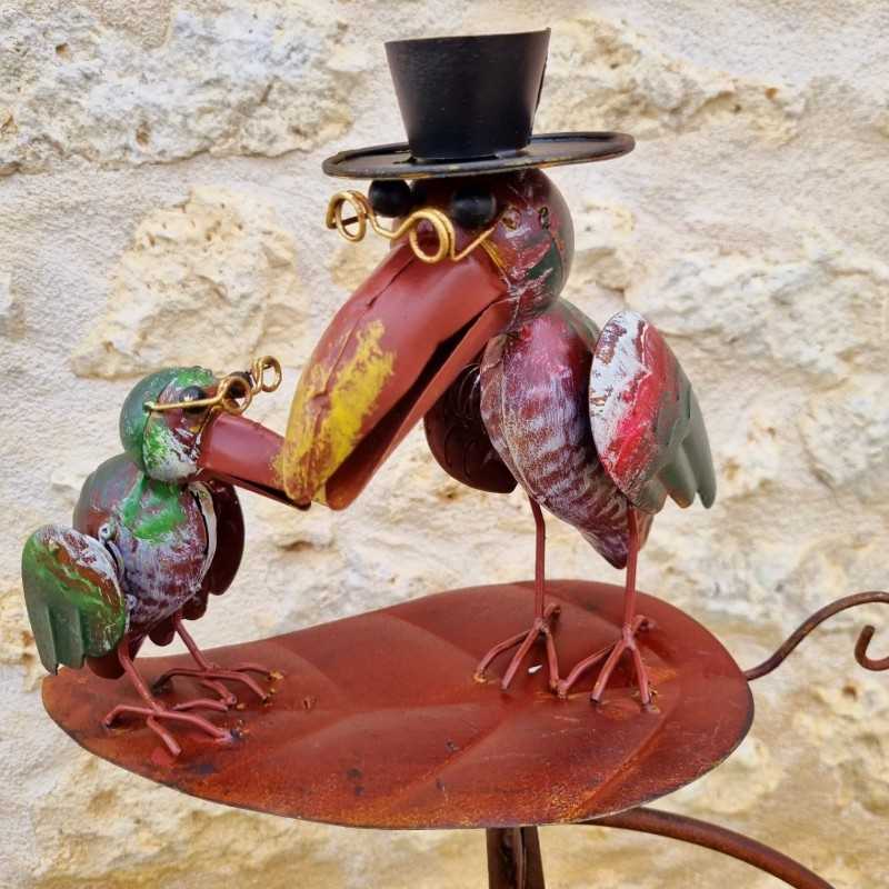 Garden Mobile Balancer on Spike Featuring Two Crows on a Leaf Motif in Iron and Glass 15x30x158cm