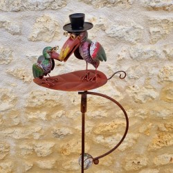Garden Mobile Balancer on Spike Featuring Two Crows on a Leaf Motif in Iron and Glass 15x30x158cm