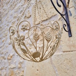 Hanging Plant Basket Holder in Beige Patinated Brown Iron