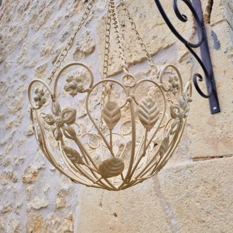 Patinated beige and brown iron hanging plant basket