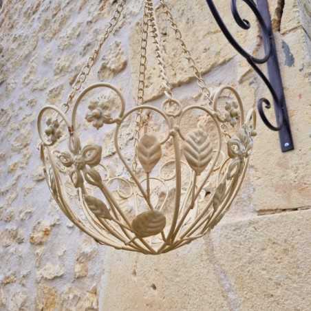 Patinated beige and brown iron hanging plant basket