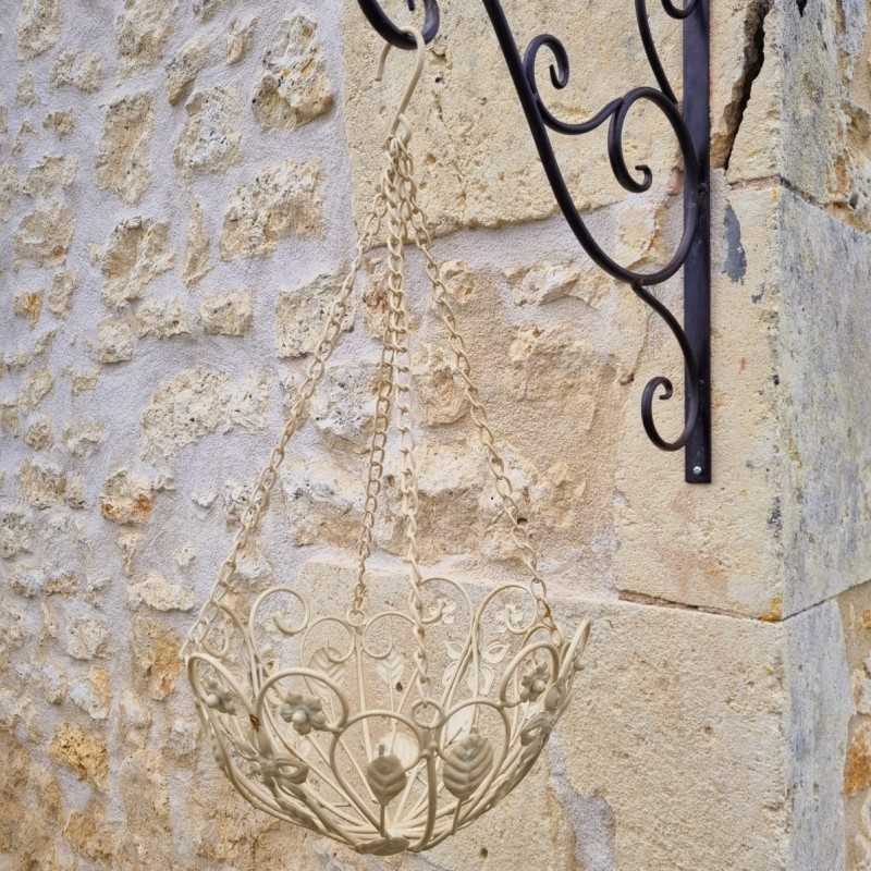 Patinated beige and brown iron hanging plant basket