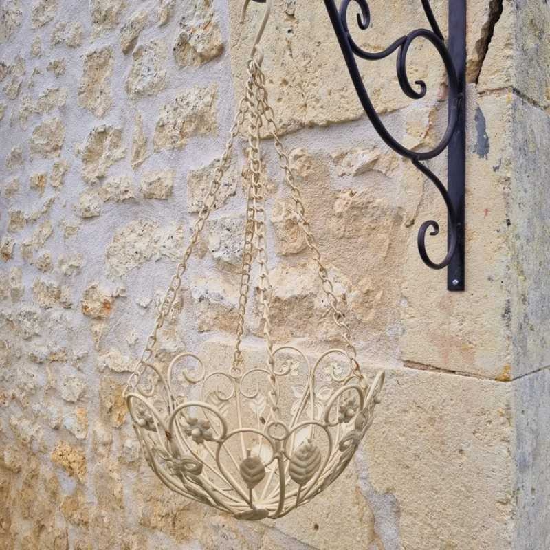 Patinated beige and brown iron hanging plant basket