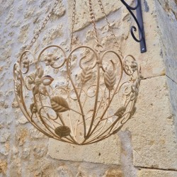 Patinated beige and brown iron hanging plant basket