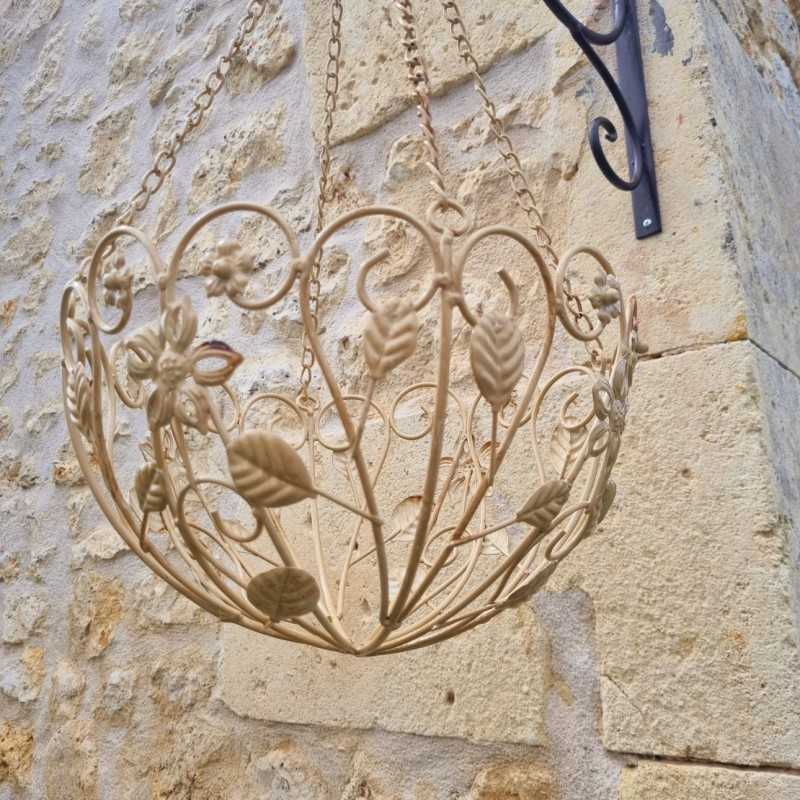 Patinated beige and brown iron hanging plant basket