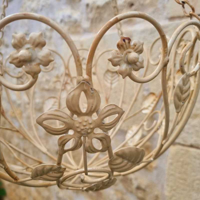 Patinated beige and brown iron hanging plant basket