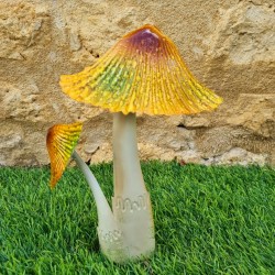Duo of Colorful Iron Mushrooms in Yellow, Brown, and Green