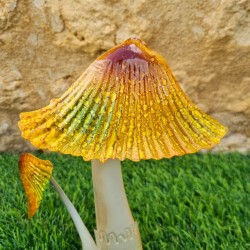 Duo of Colorful Iron Mushrooms in Yellow, Brown, and Green