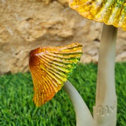 Duo of Colorful Iron Mushrooms in Yellow, Brown, and Green
