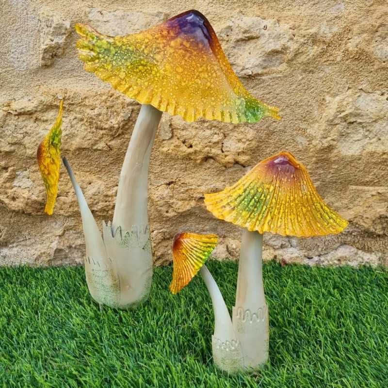 Duo of Colorful Iron Mushrooms in Yellow, Brown, and Green