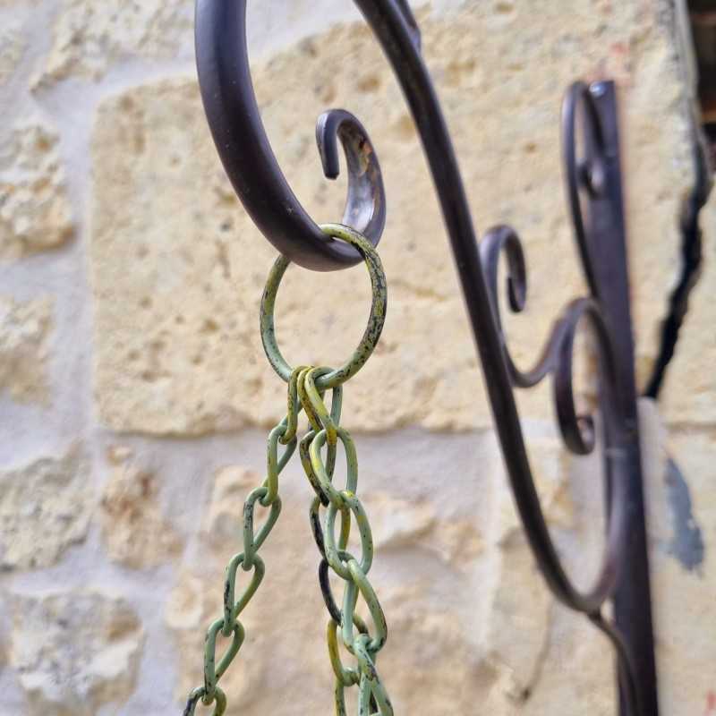 Hanging Plant Basket Holder in Patinated Green Iron with Yellow and Brown Accents