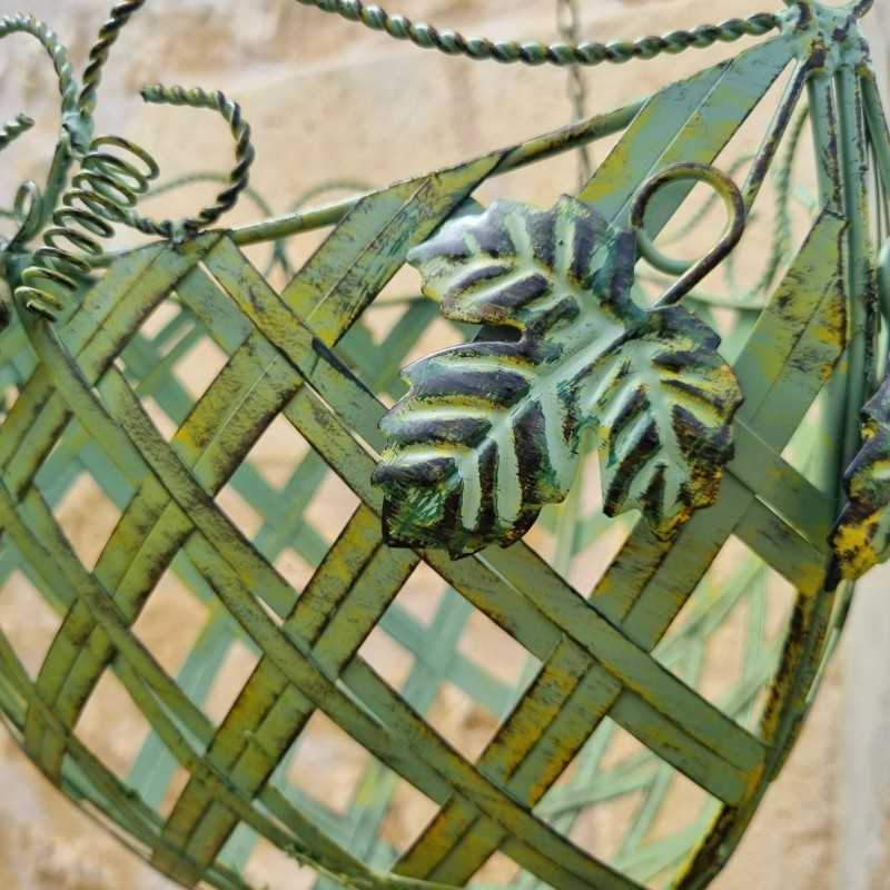 Hanging Plant Basket Holder in Patinated Green Iron with Yellow and Brown Accents