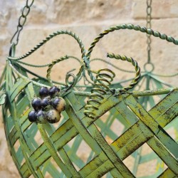 Hanging Plant Basket Holder in Patinated Green Iron with Yellow and Brown Accents