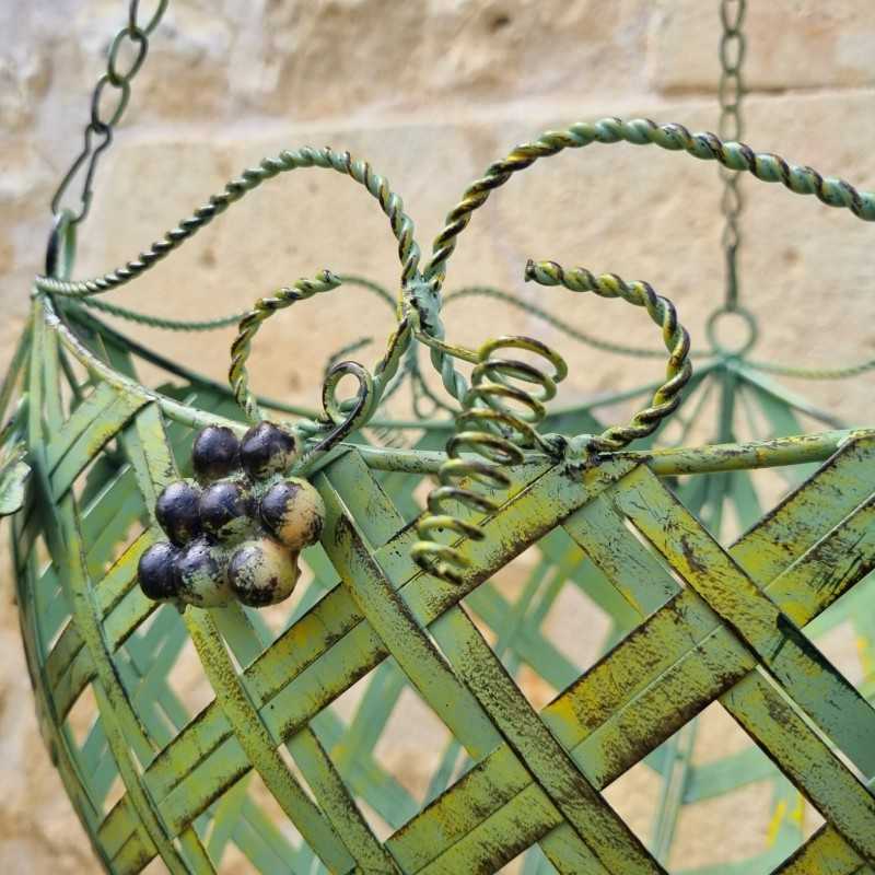 Hanging Plant Basket Holder in Patinated Green Iron with Yellow and Brown Accents