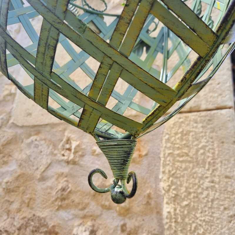 Hanging Plant Basket Holder in Patinated Green Iron with Yellow and Brown Accents
