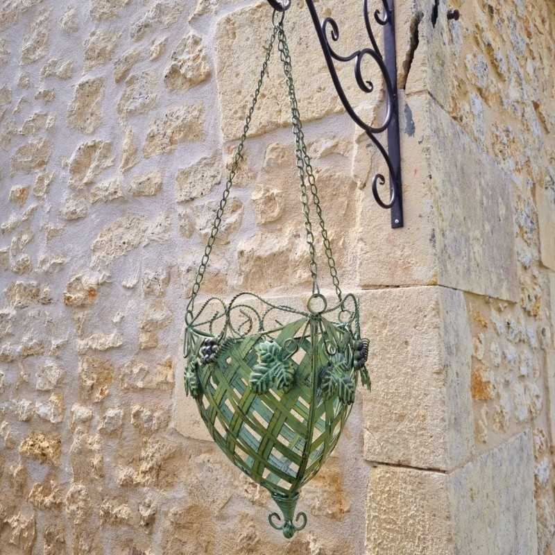 Hanging Plant Basket Holder in Patinated Green Iron with Yellow and Brown Accents