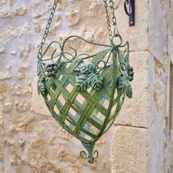 Hanging Plant Basket Holder in Patinated Green Iron with Yellow and Brown Accents