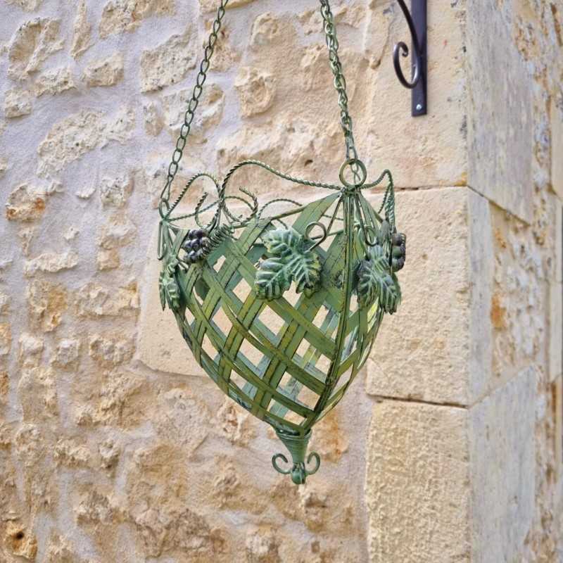 Hanging Plant Basket Holder in Patinated Green Iron with Yellow and Brown Accents