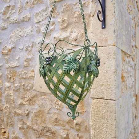 Hanging Plant Basket Holder in Patinated Green Iron with Yellow and Brown Accents