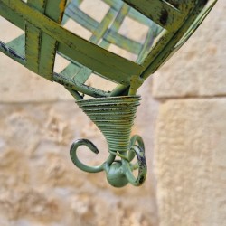 Hanging Plant Basket Holder in Patinated Green Iron with Yellow and Brown Accents