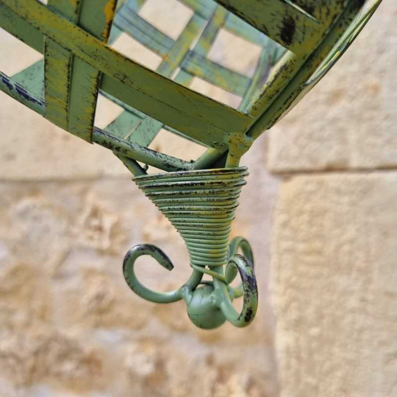 Hanging Plant Basket Holder in Patinated Green Iron with Yellow and Brown Accents