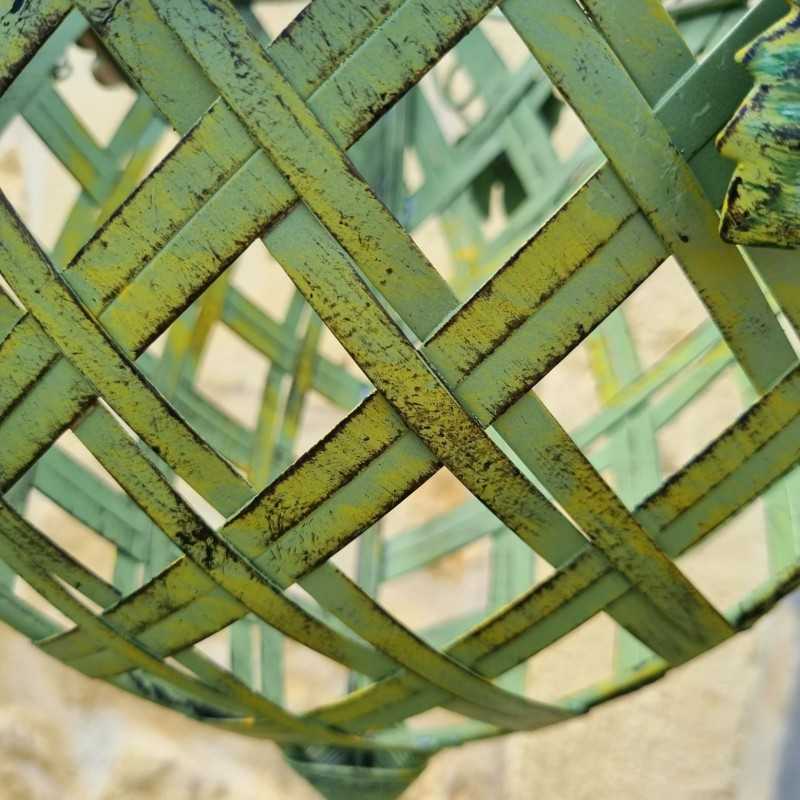Hanging Plant Basket Holder in Patinated Green Iron with Yellow and Brown Accents