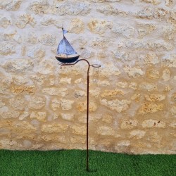 Metal garden decorative rain gauge with boat motif, 134 cm tall, full view