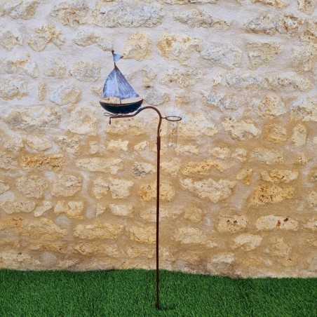 Metal garden decorative rain gauge with boat motif, 134 cm tall, full view