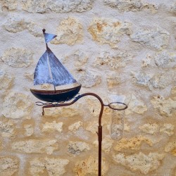 Metal garden decorative rain gauge with a boat motif, 134 cm tall, front view