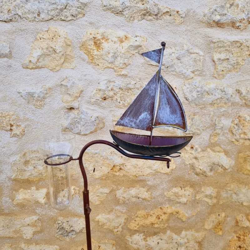 Metal garden decorative rain gauge, boat design, 134 cm tall, rear view