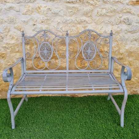 2-Seater Patinated Wrought Iron and Cast Iron Bench