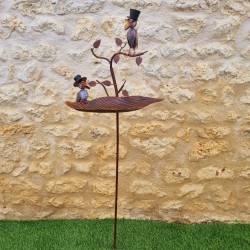 Bird Bath on Iron Spike with Birds and Hats, Feeder H127 cm