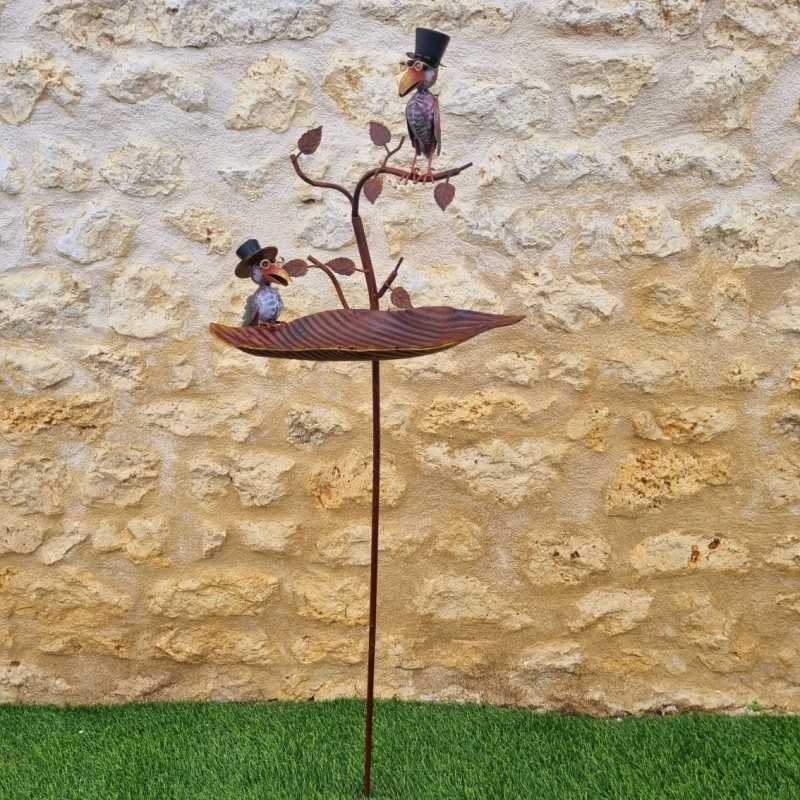 Bird Bath on Iron Spike with Birds and Hats, Feeder H127 cm