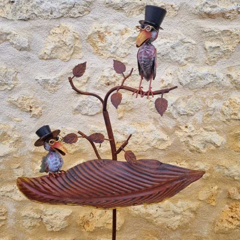 Bird Bath on Iron Spike with Birds and Hats, Feeder H127 cm