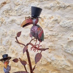 Bird Bath on Iron Spike with Birds and Hats, Feeder H127 cm