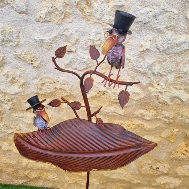 Bird Bath on Iron Spike with Birds and Hats, Feeder H127 cm