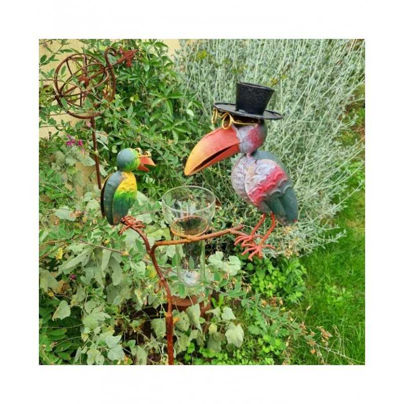 Rain Gauge with Stake Plant Support Decorative Garden Ornament Patinated Iron Crow Motif with Funnel and Glass Tube Display