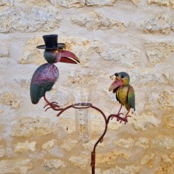 Spike Rain Gauge, Plant Support, Garden Decoration, Crow Motif in Weathered Iron with Glass Funnel and Tube, Shown in Situ