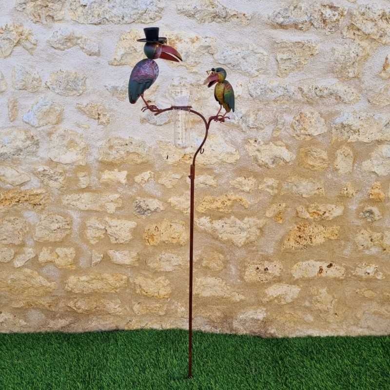 Rain Gauge with Stake Plant Support Decorative Garden Ornament Patinated Iron Crow Motif and Funnel Glass Tube Full View with St