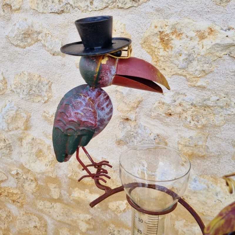 Rain Gauge, Plant Stake, Garden Decoration, Raven Design in Weathered Iron with Glass Funnel and Tube