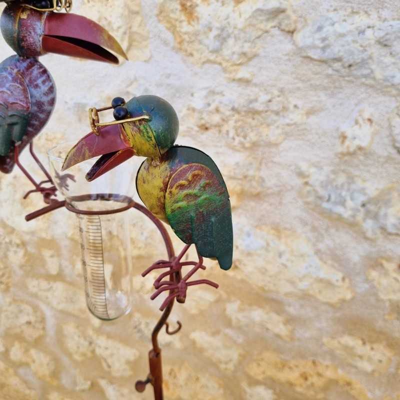 Rain Gauge with Spike Plant Support Decorative Garden Ornament Patinated Iron Crow Motif and Funnel Glass Tube Bird’s Eye View i