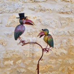Rain Gauge Stake, Plant Support, Garden Decoration, Raven Design in Weathered Iron with Funnel and Glass Tube, Full View