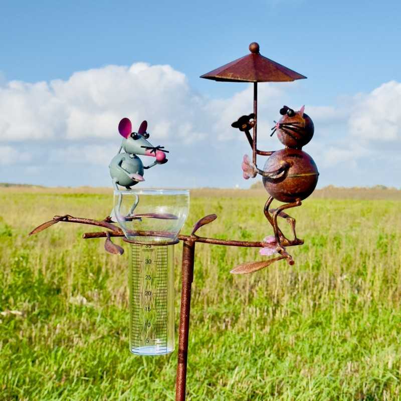 Cute decorative cat and mouse rain gauge for the garden. -LDJ.