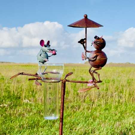 Cute decorative cat and mouse rain gauge for the garden. -LDJ.