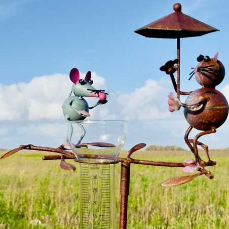 Cute decorative cat and mouse rain gauge for the garden. -LDJ.