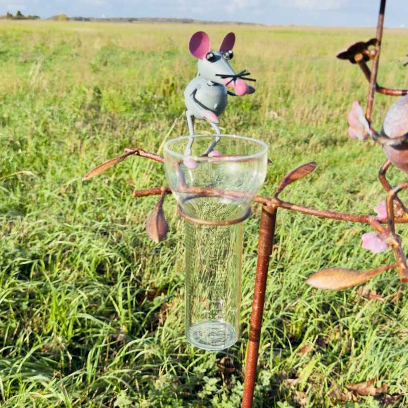 Cute decorative cat and mouse rain gauge for the garden. -LDJ.