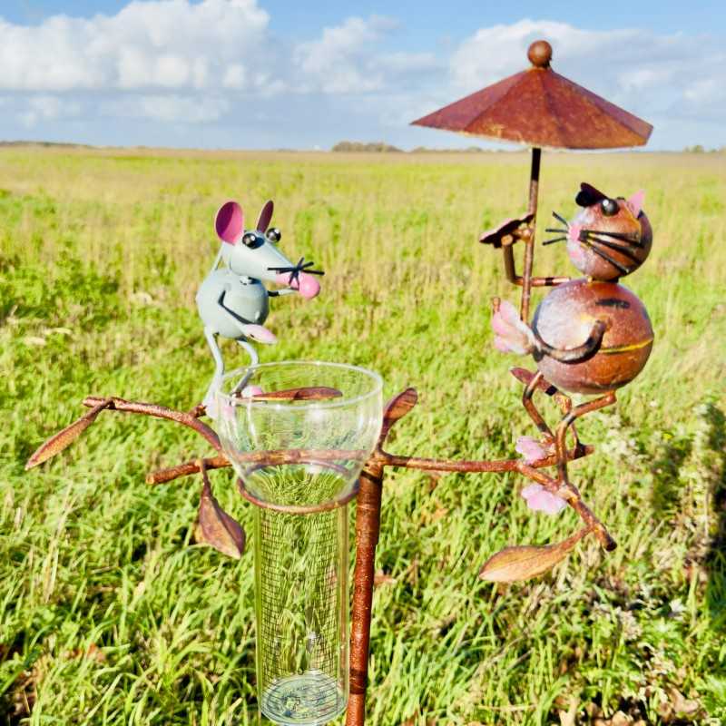 Cute decorative cat and mouse rain gauge for the garden. -LDJ.