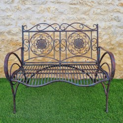 Front View of Comfortable Antique Rust Patinated Wrought Iron Garden Bench