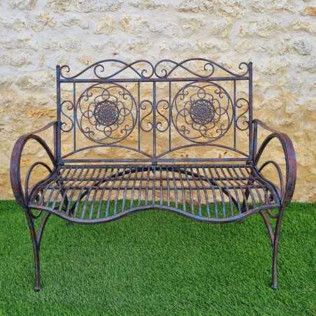 Patina-finished wrought-iron garden bench