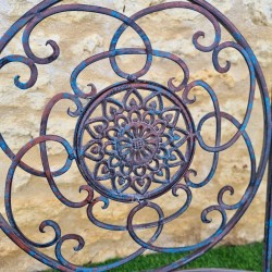 Comfortable Antique Rust Patina Wrought Iron Garden Bench with Cast Iron Decorative Motifs
